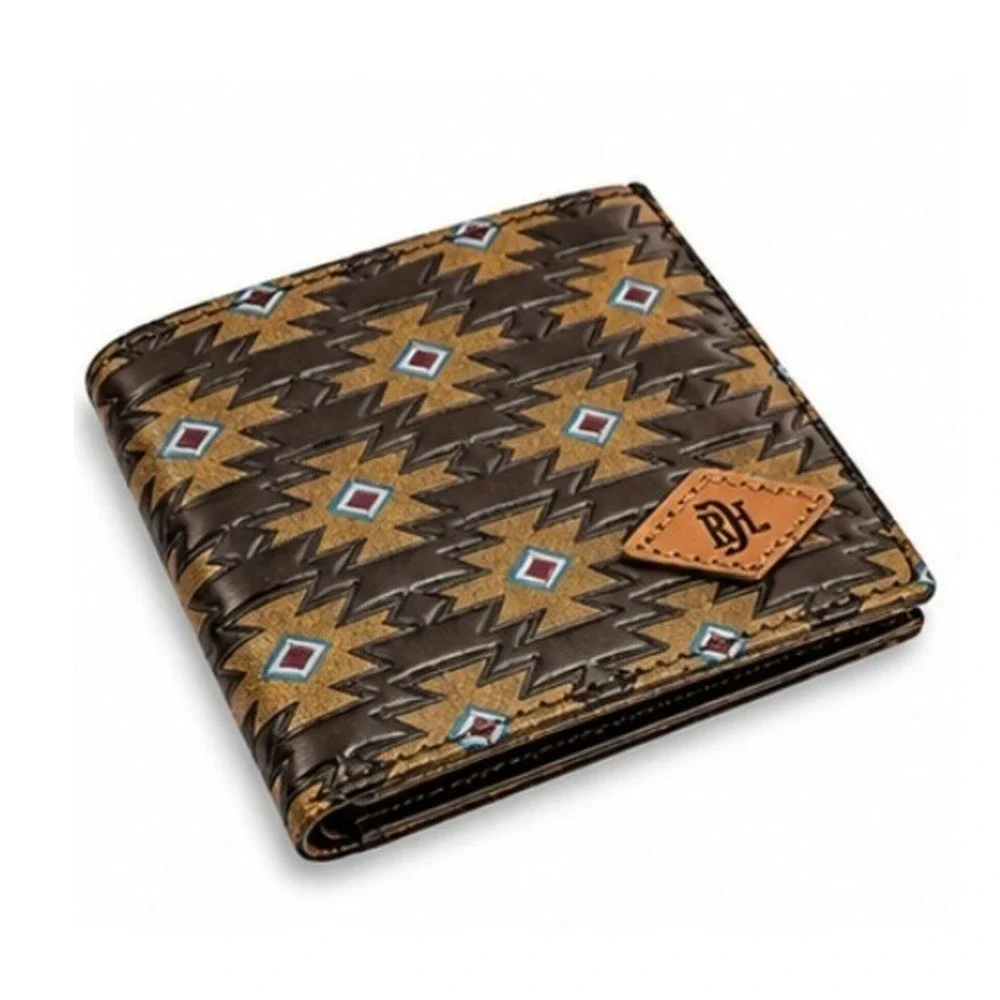 New Red Dirt Hat Co Genuine Leather Aztec Western Bifold Slim Wallet Brown Rodeo